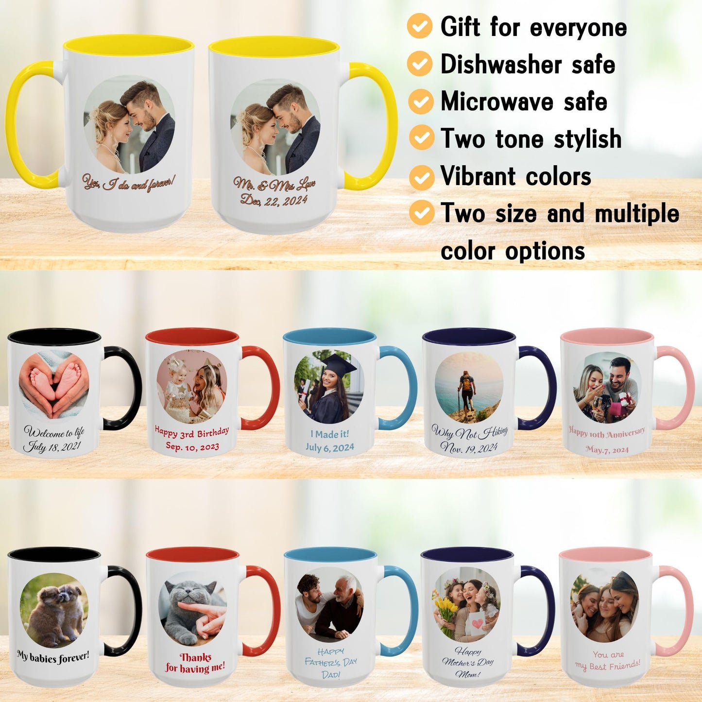 Mug personnalisé, Mug à café en céramique 44 cl blanc/jaune avec motif circulaire, Cadeau personnalisé avec photo, texte ou logo