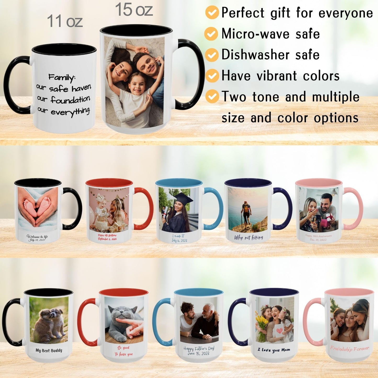 Custom Mug, 11oz White/Black Square Design Ceramic Coffee Mug, Personalized Gift with Photo, Text or Logo