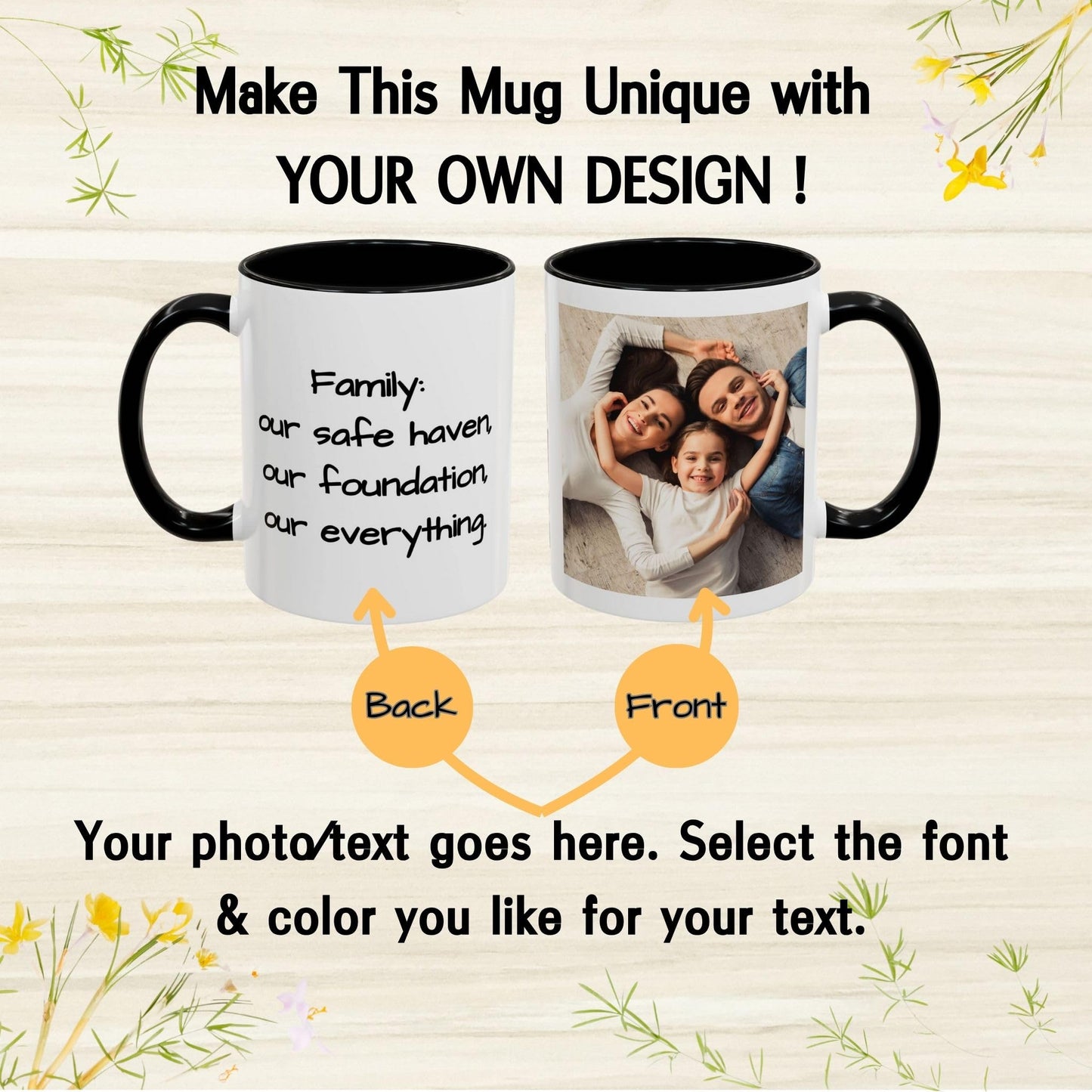 Custom Mug, 11oz White/Black Square Design Ceramic Coffee Mug, Personalized Gift with Photo, Text or Logo