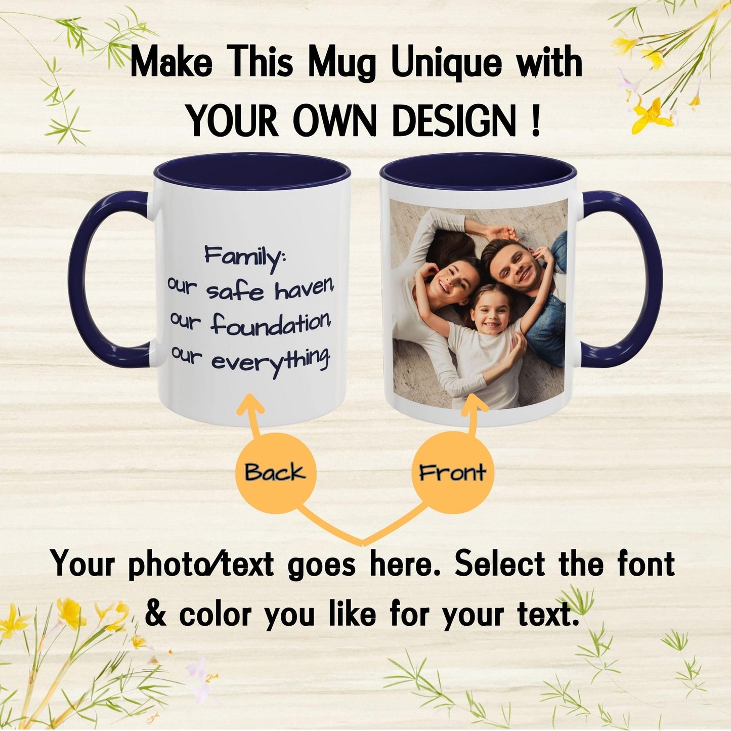 Custom Mug, 325ml White/Navy Square Design Ceramic Coffee Mug, Personalized Gift with Photo, Text or Logo