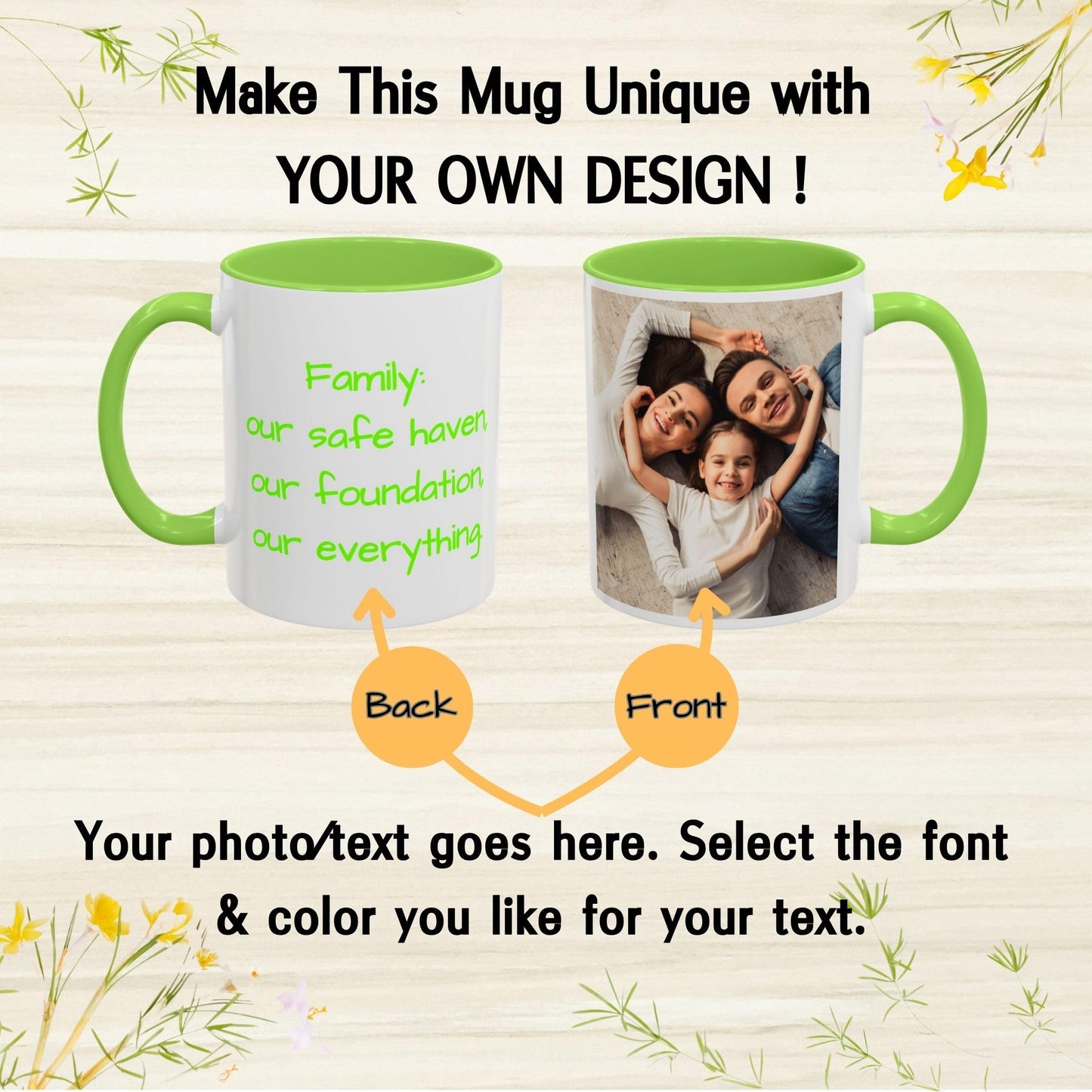 Custom Mug, 325ml White/Light Green Square Design Ceramic Coffee Mug, Personalized Gift with Photo, Text or Logo