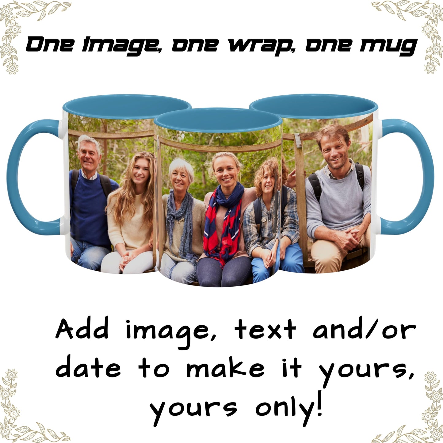 Tasse nach Wunsch, 325 ml, weiß/hellblau, umlaufendes Design, Keramikkaffeetasse, personalisiertes Geschenk mit Foto, Text oder Logo
