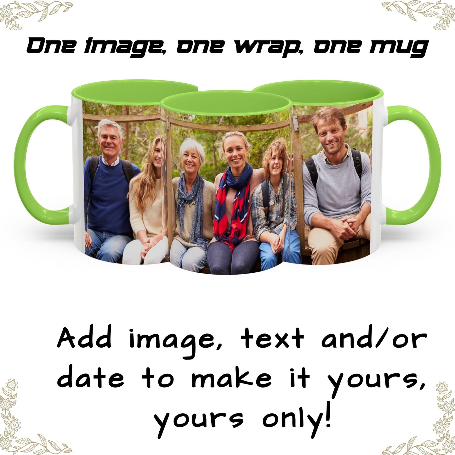 Custom Mug, 11oz White/Light Green Wrap Around Design Ceramic Coffee Mug, Personalized Gift with Photo, Text or Logo