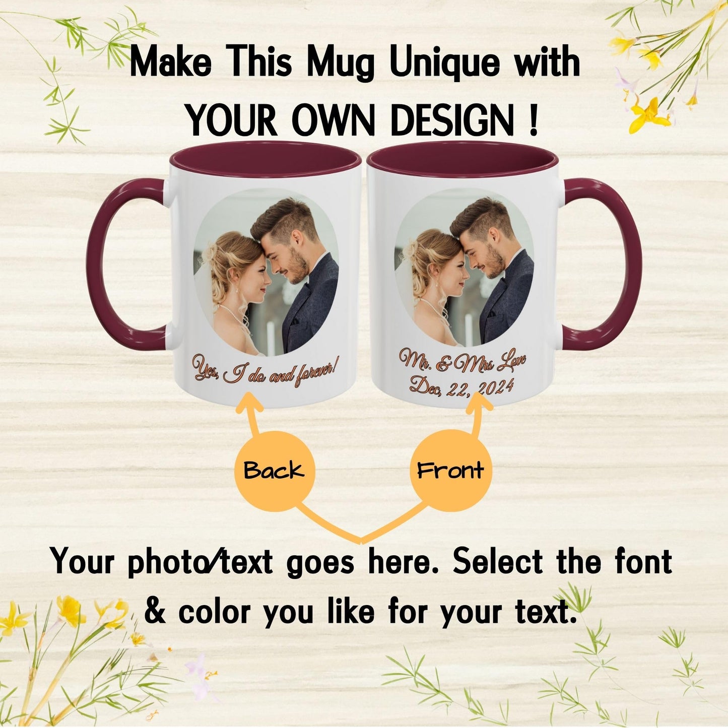Custom Mug, 11oz White/Maroon Circle Design Ceramic Coffee Mug, Personalized Gift with Photo, Text or Logo