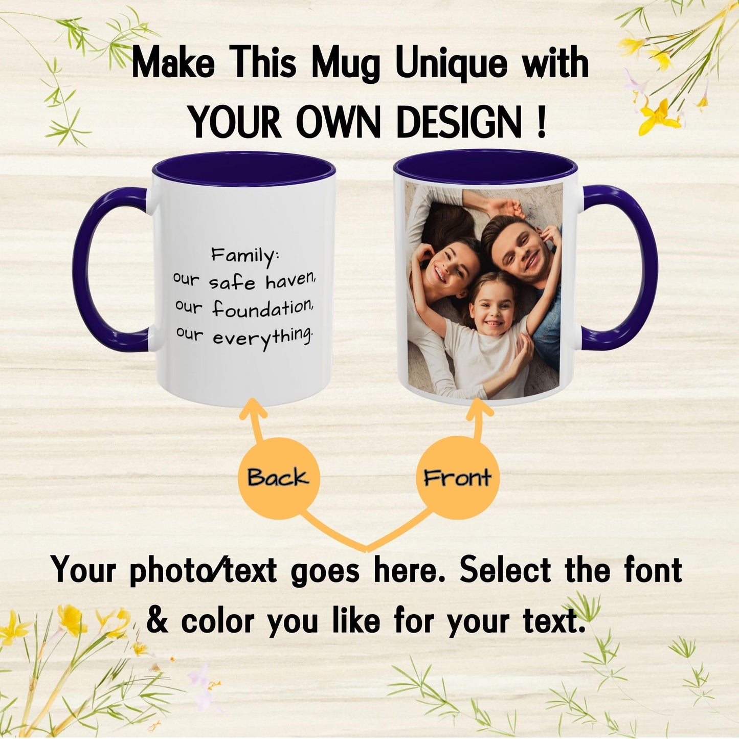 Custom Mug White/Blue 11oz, Personalized Gift with Photo, Text or Logo, Square Design