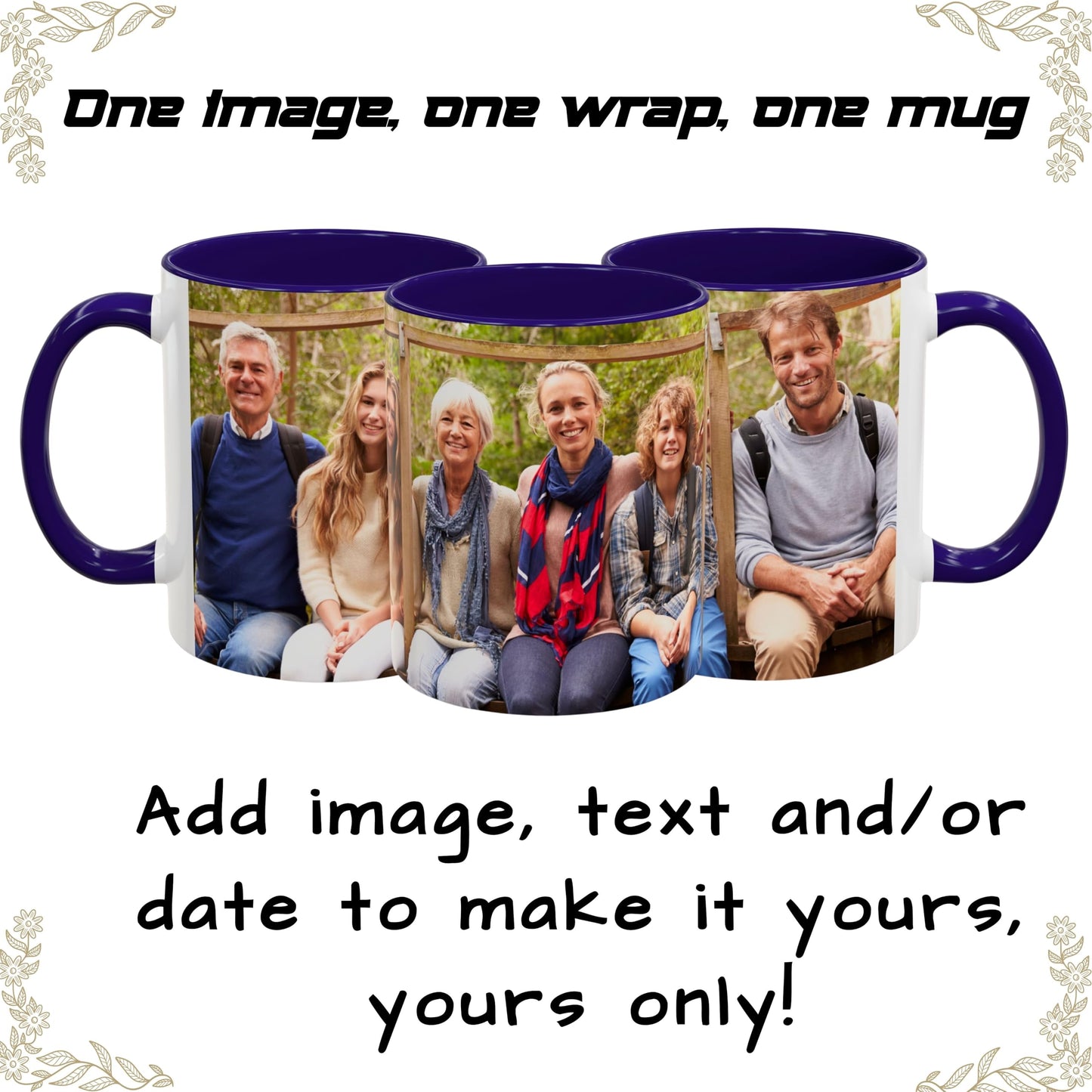 Custom Mug White/Blue 11oz, Personalized Gift with Photo, Text or Logo, Wrap Around Design