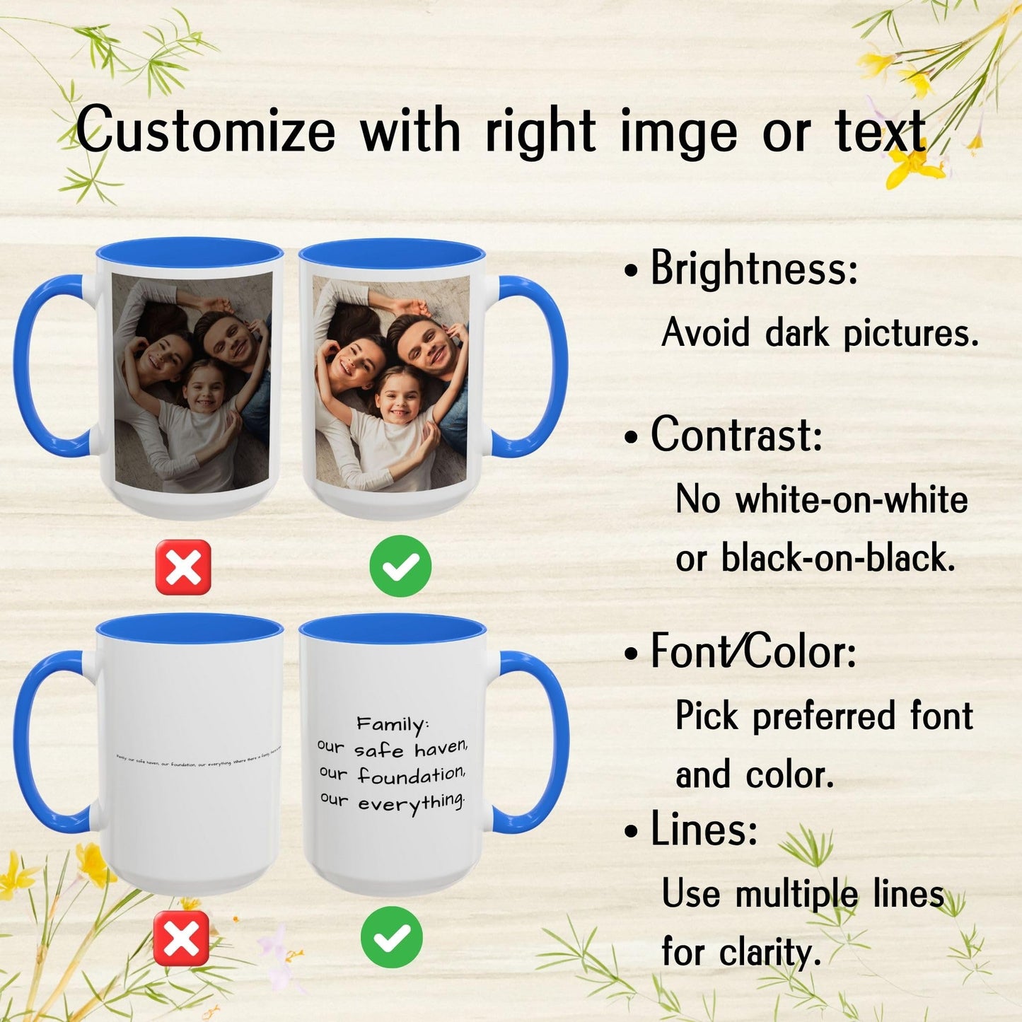 Mug personnalisé, 44 cl, motif carré blanc/bleu Cambridge, en céramique, cadeau personnalisé avec photo, texte ou logo