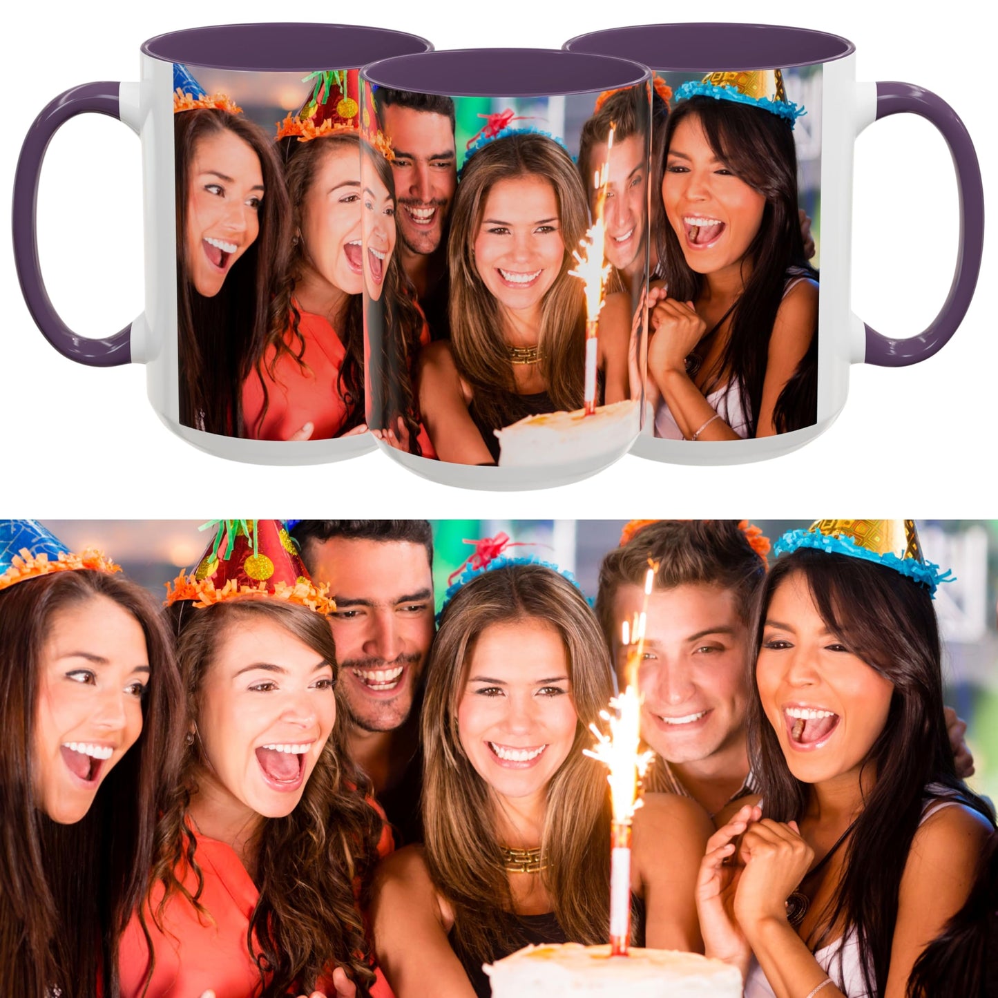 Mug personnalisé, mug en céramique blanc/violet de 443 ml avec motif enveloppant, cadeau personnalisé avec photo, texte ou logo