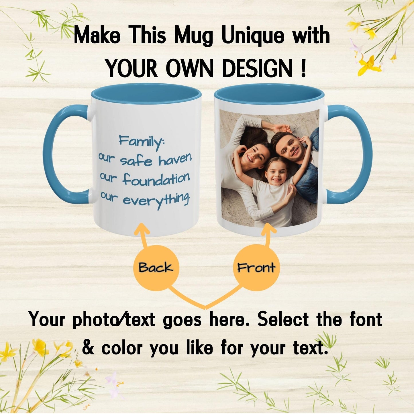 Custom Mug, 11oz White/Light Blue Square Design Ceramic Coffee Mug, Personalized Gift with Photo, Text or Logo