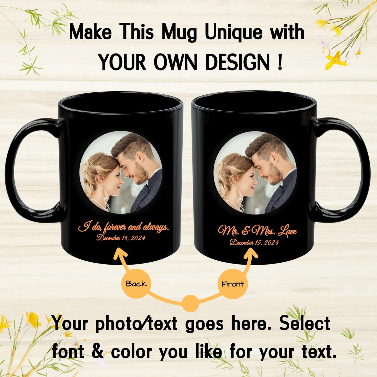 Custom Mug, 11oz All Black Circle Design Ceramic Coffee Mug, Personalized Gift with Photo, Text or Logo