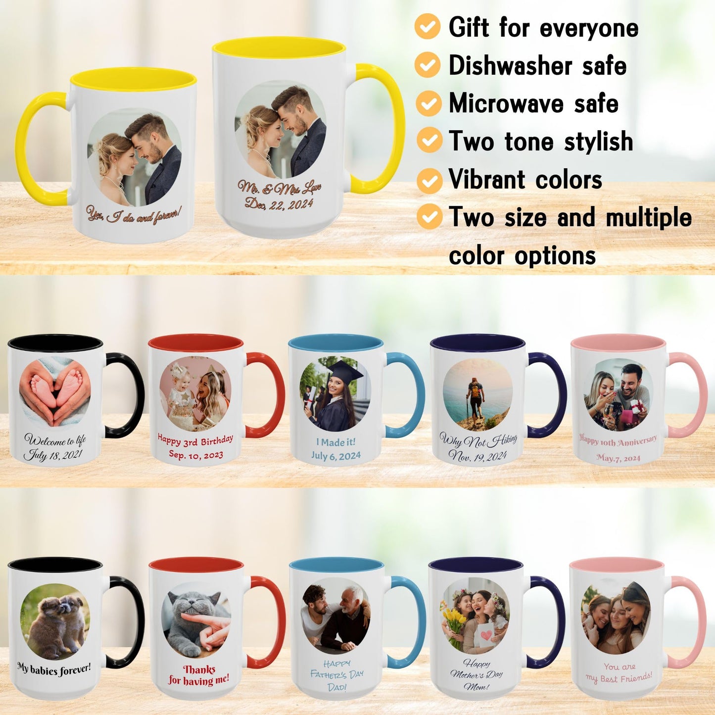 Custom Mug, 11oz White/Yellow Circle Design Ceramic Coffee Mug, Personalized Gift with Photo, Text or Logo