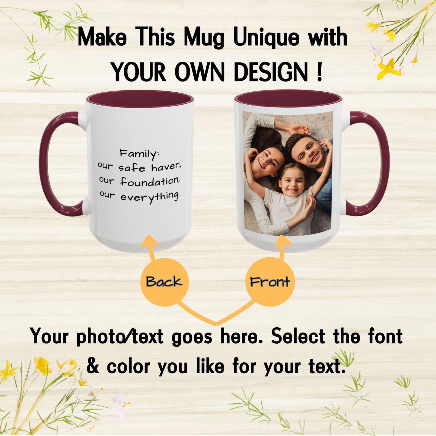 Custom Mug White/Maroon 15oz, Personalized Gift with Photo, Text or Logo, Square Design