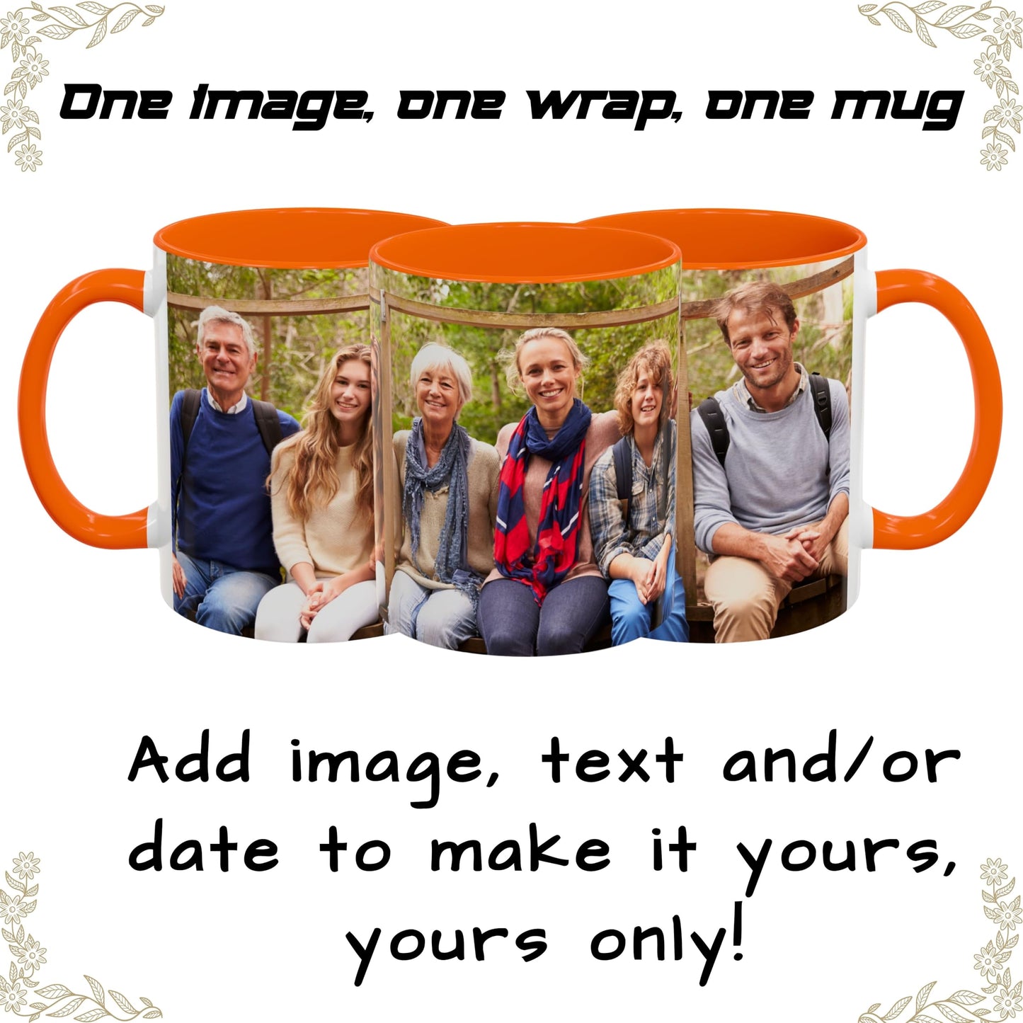 Custom Mug, 325ml White/Orange Wrap Around Design Ceramic Coffee Mug, Personalized Gift with Photo, Text or Logo