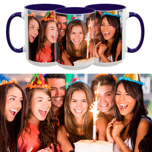 Custom Mug White/Blue 15oz, Personalized Gift with Photo, Text or Logo, Wrap Around Design