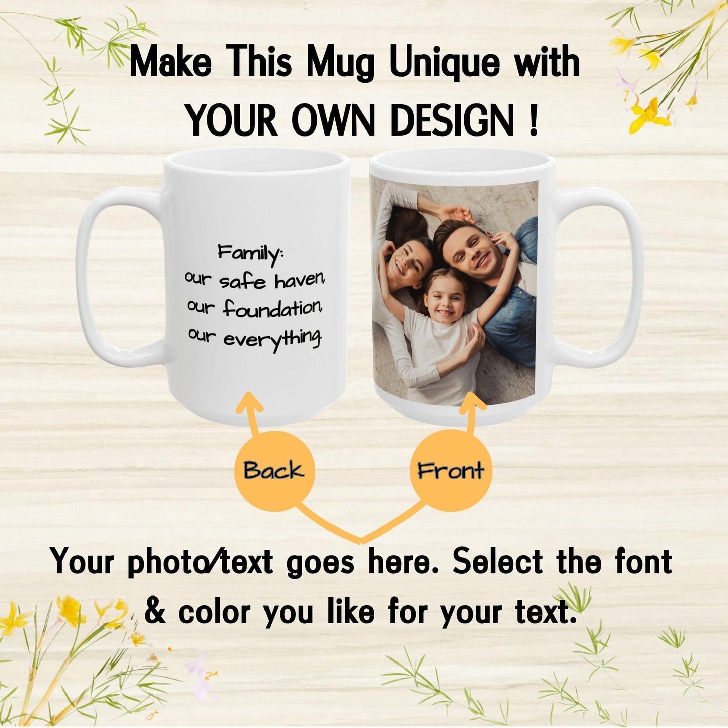 Custom Mug All White 15oz, Personalized Gift with Photo, Text or Logo, Square Design