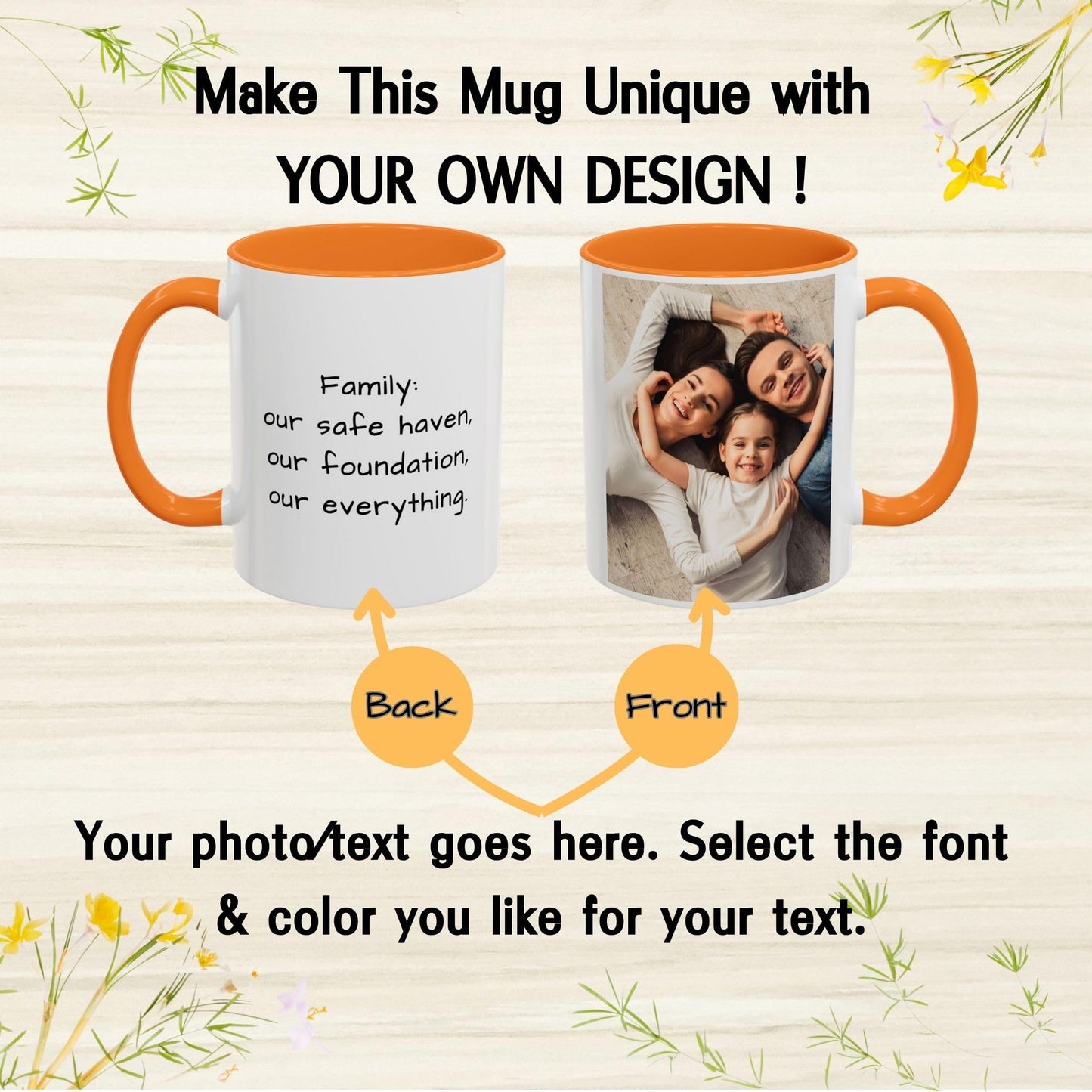 Custom Mug, 11oz White/Golden Yellow Square Design Ceramic Coffee Mug, Personalized Gift with Photo, Text or Logo