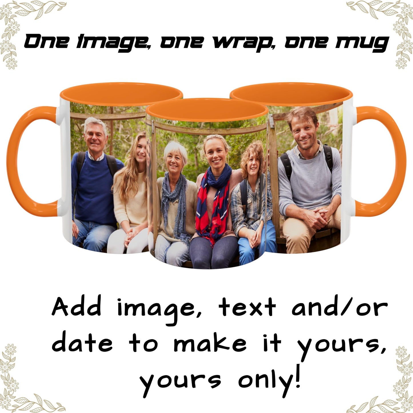 Tasse personnalisée, 11oz, en céramique, blanche/jaune doré, avec motif enveloppant, cadeau personnalisé avec photo, texte ou logo