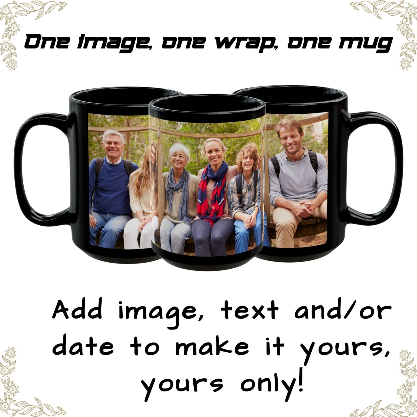 Mug personnalisé, Tasse à café en céramique noire de 44 cl avec motif enveloppant, Cadeau personnalisé avec photo, texte ou logo