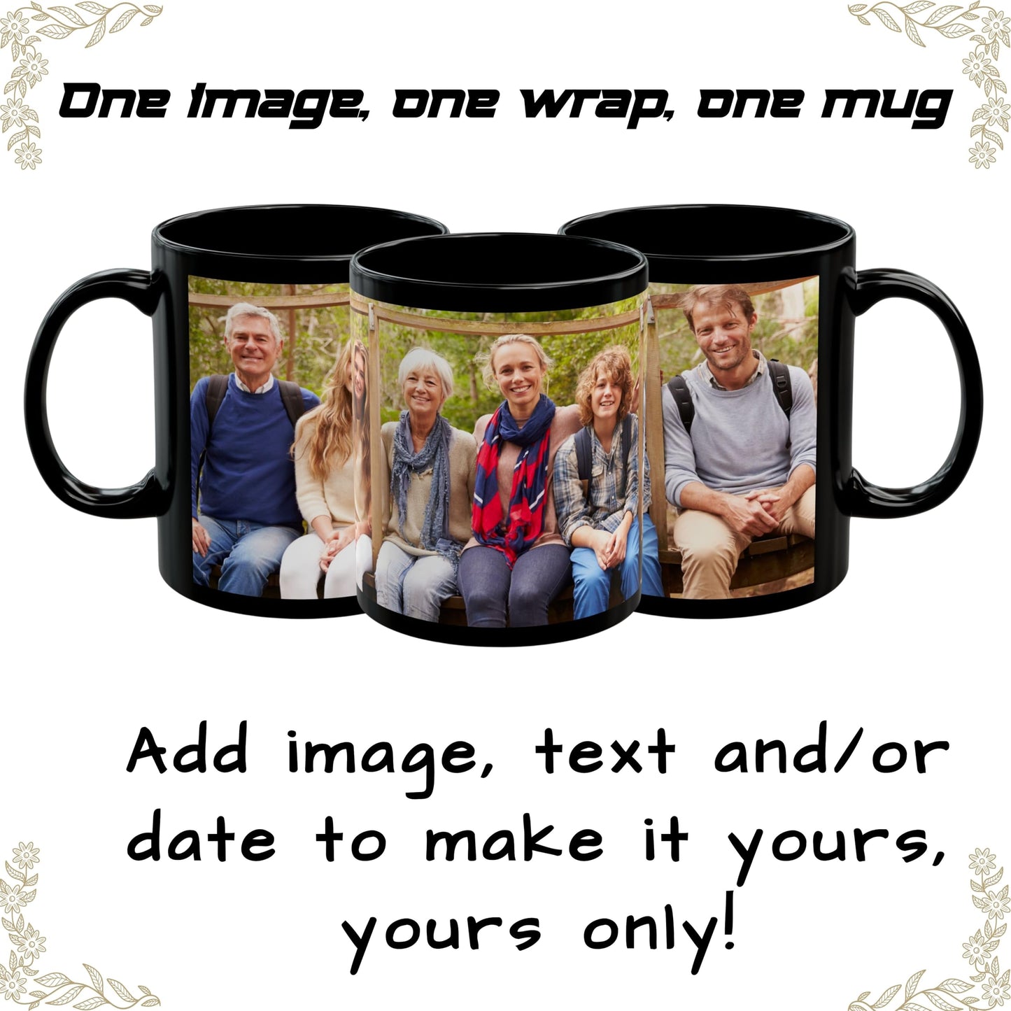 Mug personnalisé, Mug à café en céramique de 325 ml, entièrement noir, avec motif enveloppant, Cadeau personnalisé avec photo, texte ou logo