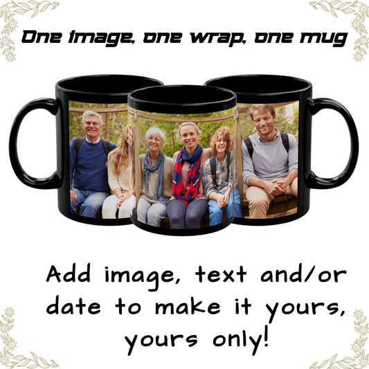 Custom Mug, 11oz All Black Wrap Around Design Ceramic Coffee Mug, Personalized Gift with Photo, Text or Logo