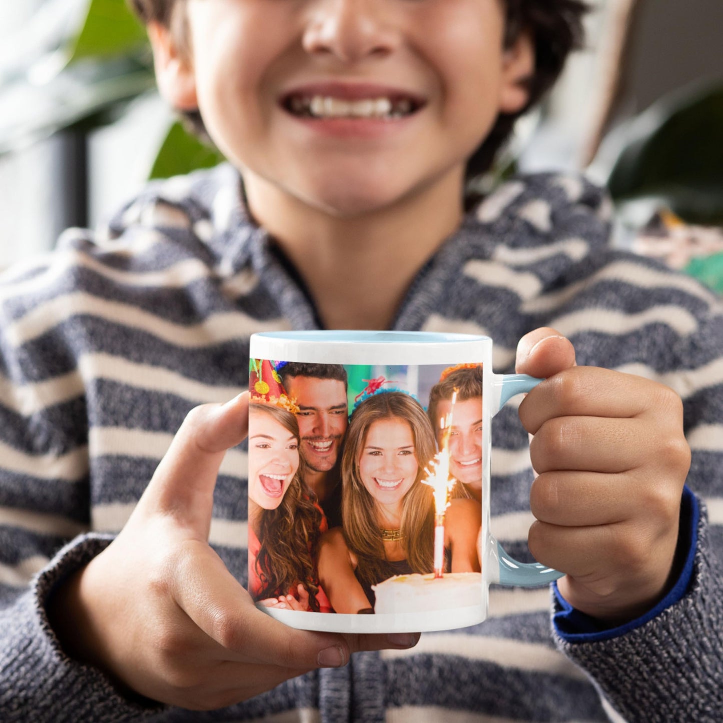 Mug personnalisé blanc/bleu clair 325 ml, cadeau personnalisé avec photo, texte ou logo, motif enveloppant