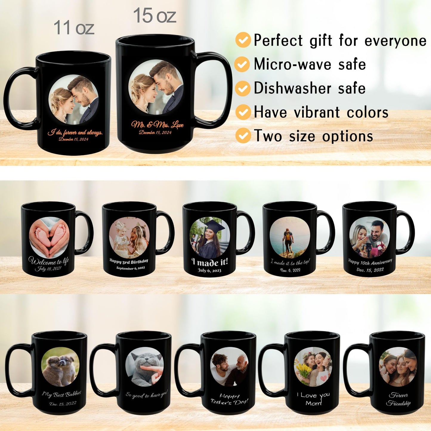 Tasse personnalisée, Tasse à café en céramique noire de 325 ml avec motif circulaire, Cadeau personnalisé avec photo, texte ou logo