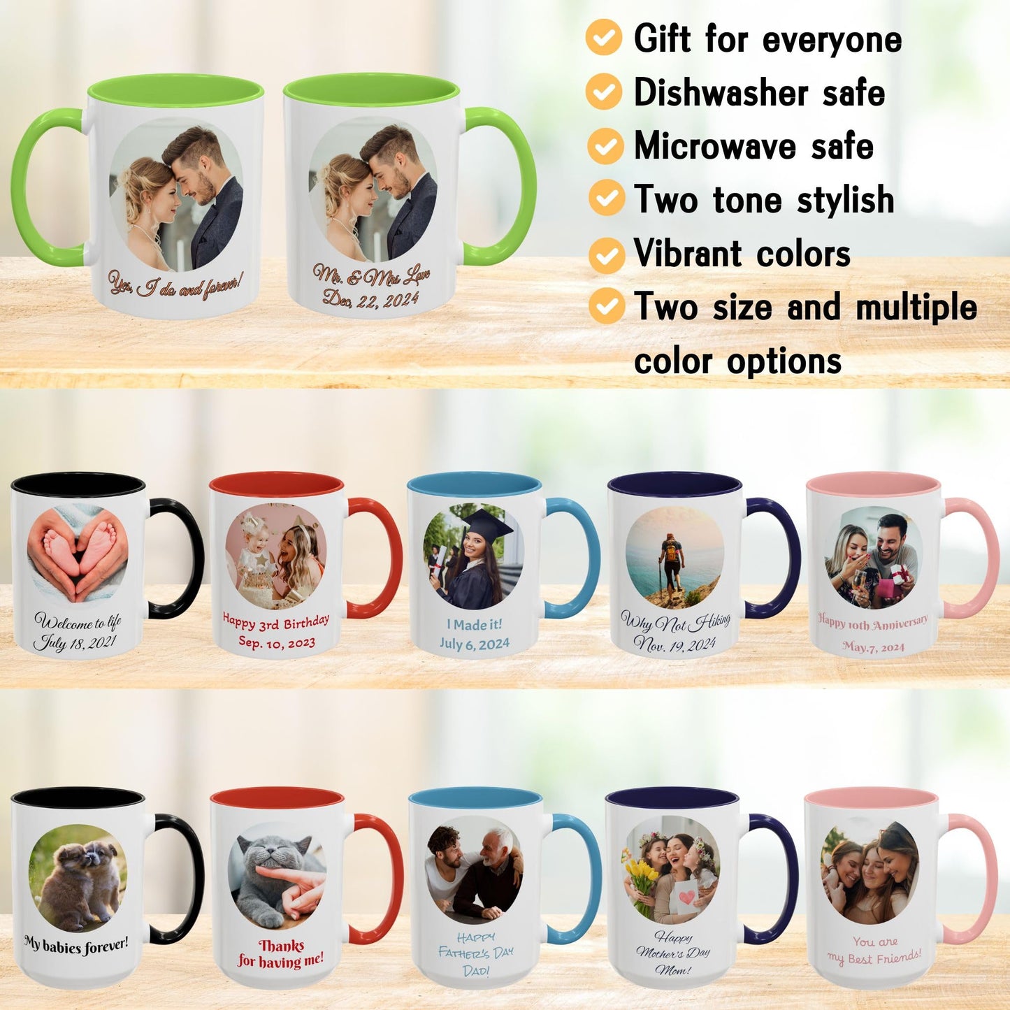 Custom Mug, 11oz White/Light Green Circle Design Ceramic Coffee Mug, Personalized Gift with Photo, Text or Logo