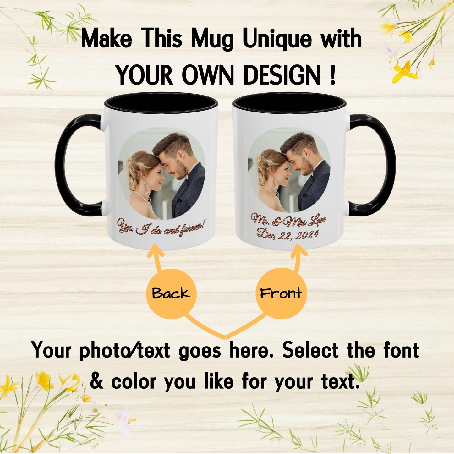 Custom Mug White/Black 11oz, Personalized Gift with Photo, Text or Logo, Circle Design