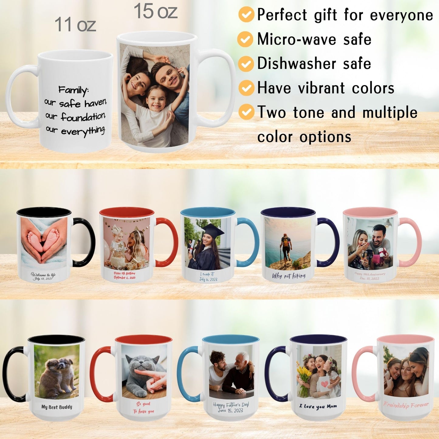 Custom Mug, 15oz All White Square Design Ceramic Coffee Mug, Personalized Gift with Photo, Text or Logo