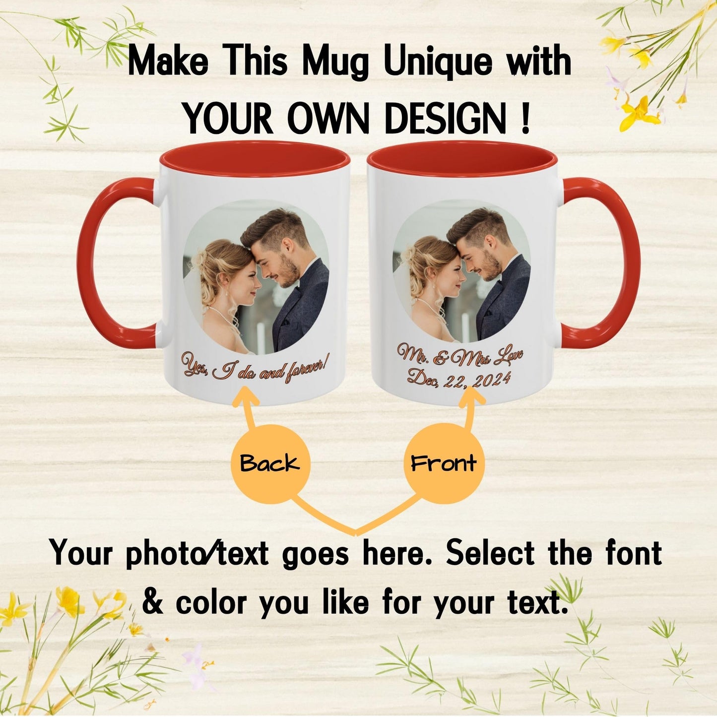 Custom Mug White/Red 11oz, Personalized Gift with Photo, Text or Logo, Cirle Design