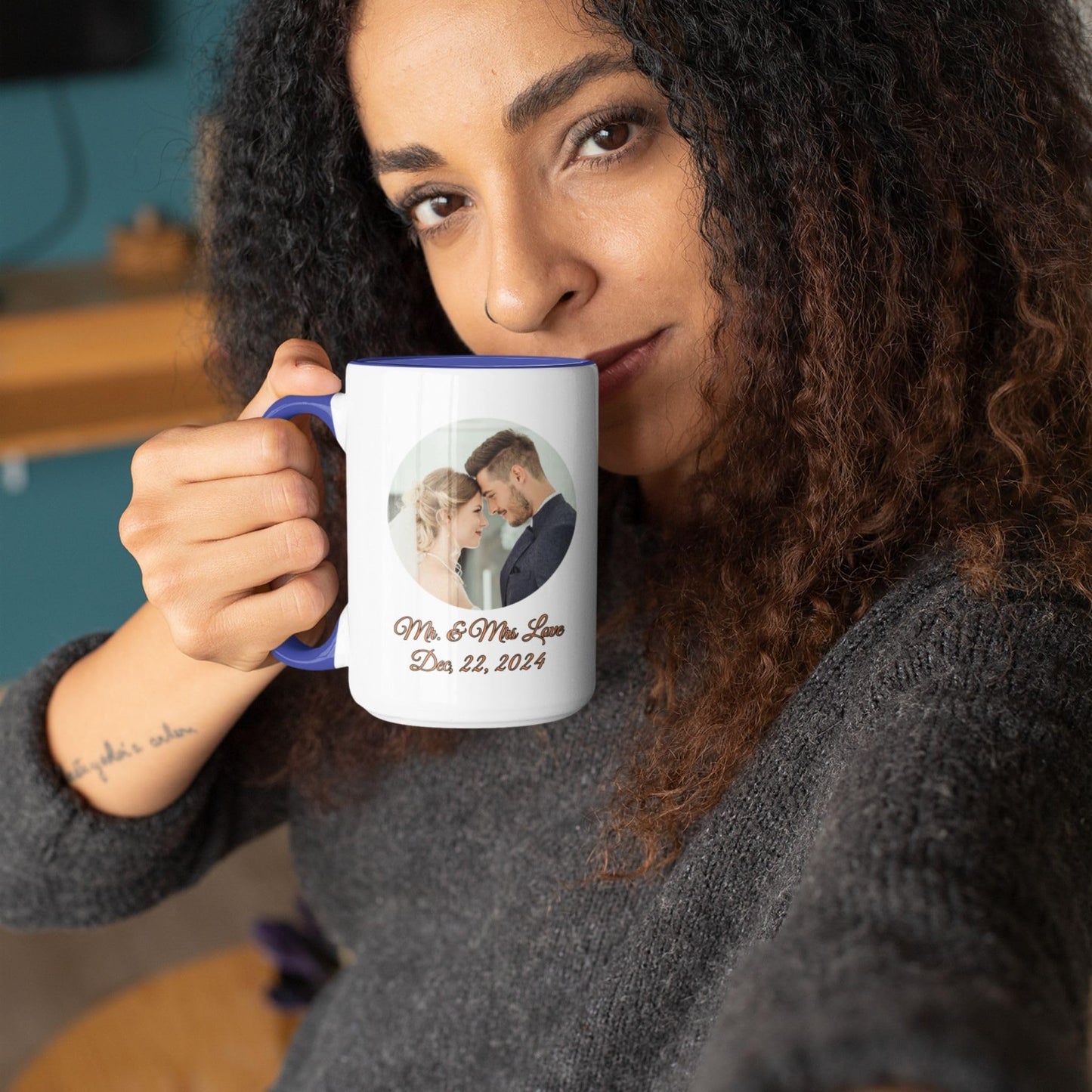 Mug personnalisé, Tasse à café en céramique 44 cl, design cercle blanc/bleu, cadeau personnalisé avec photo, texte ou logo