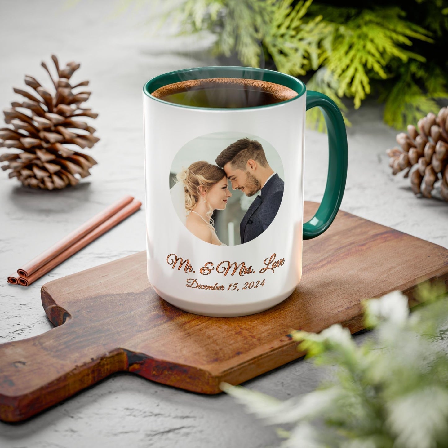 Custom Mug White/Green 15oz, Personalized Gift with Photo, Text or Logo, Cirle Design