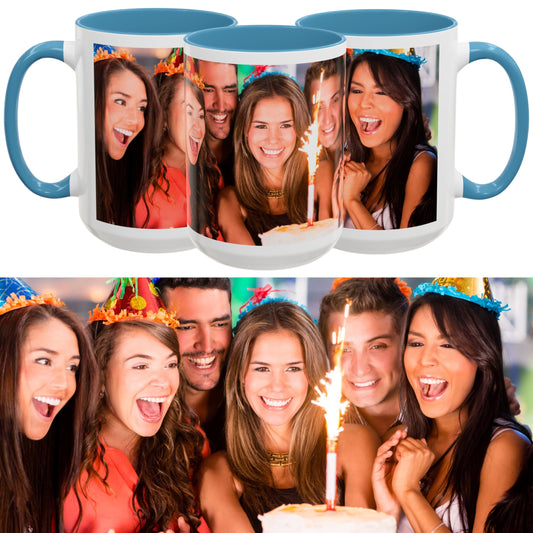 Custom Mug White/Light Blue 15oz, Personalized Gift with Photo, Text or Logo, Wrap Around Design
