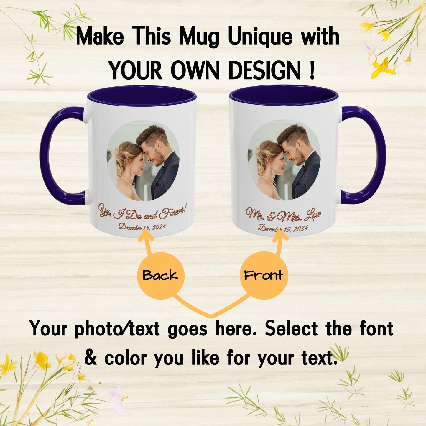 Mug personnalisé, 325 ml, céramique, motif cercle blanc/bleu, cadeau personnalisé avec photo, texte ou logo