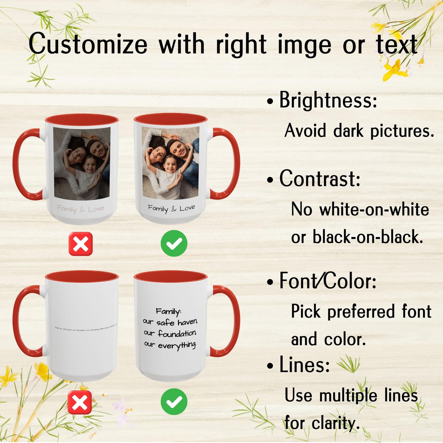 Custom Mug White/Red 15oz, Personalized Gift with Photo, Text or Logo, Square Design