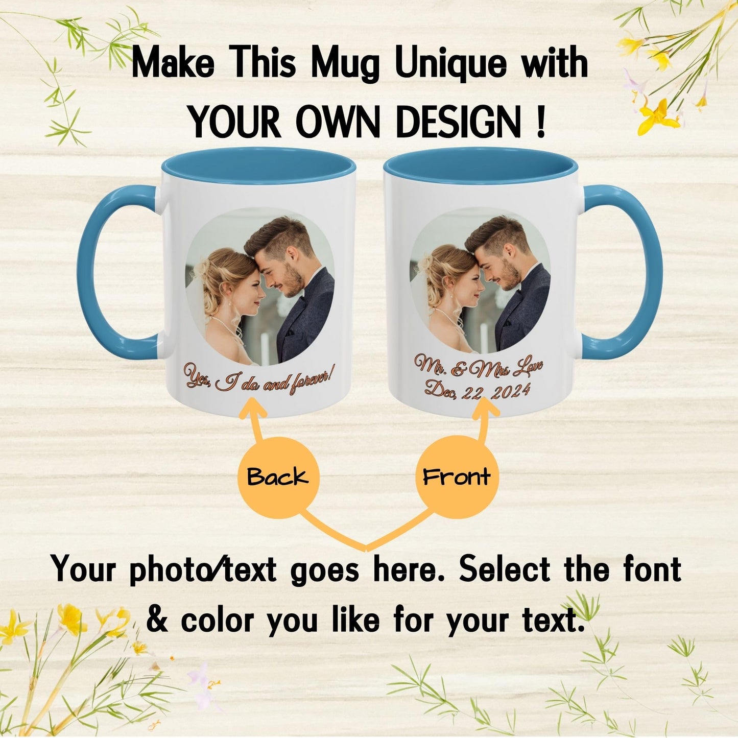Personalisierte Tasse, 325ml Keramik-Kaffeetasse mit weißem/hellblauem Kreisdesign, personalisiertes Geschenk mit Foto, Text oder Logo