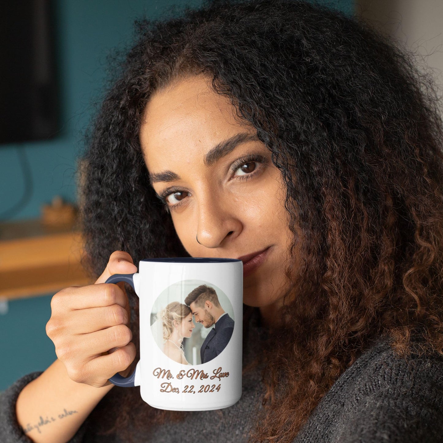 Mug personnalisé, 15oz Blanc/Bleu Cercle Design Céramique Tasse à Café, Cadeau Personnalisé avec Photo, Texte ou Logo