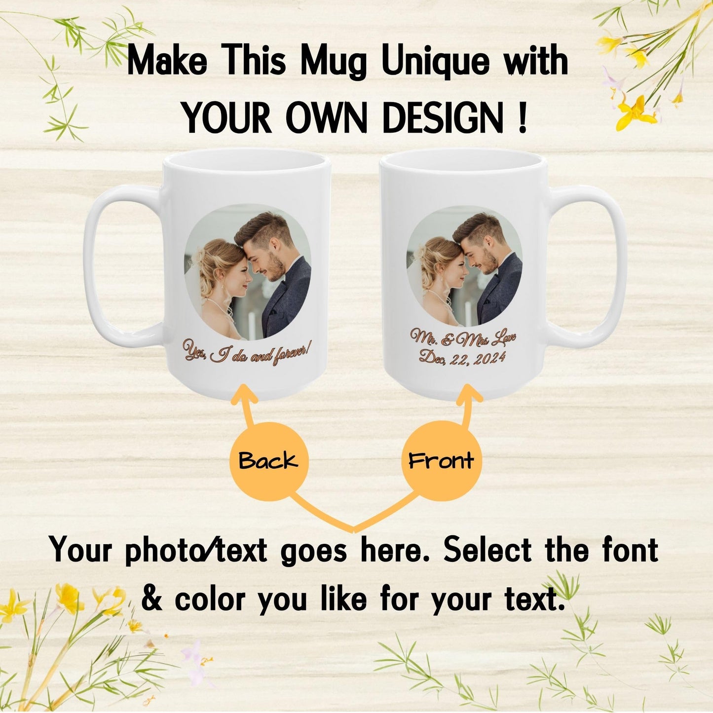 Custom Mug All White 15oz, Personalized Gift with Photo, Text or Logo, Circle Design