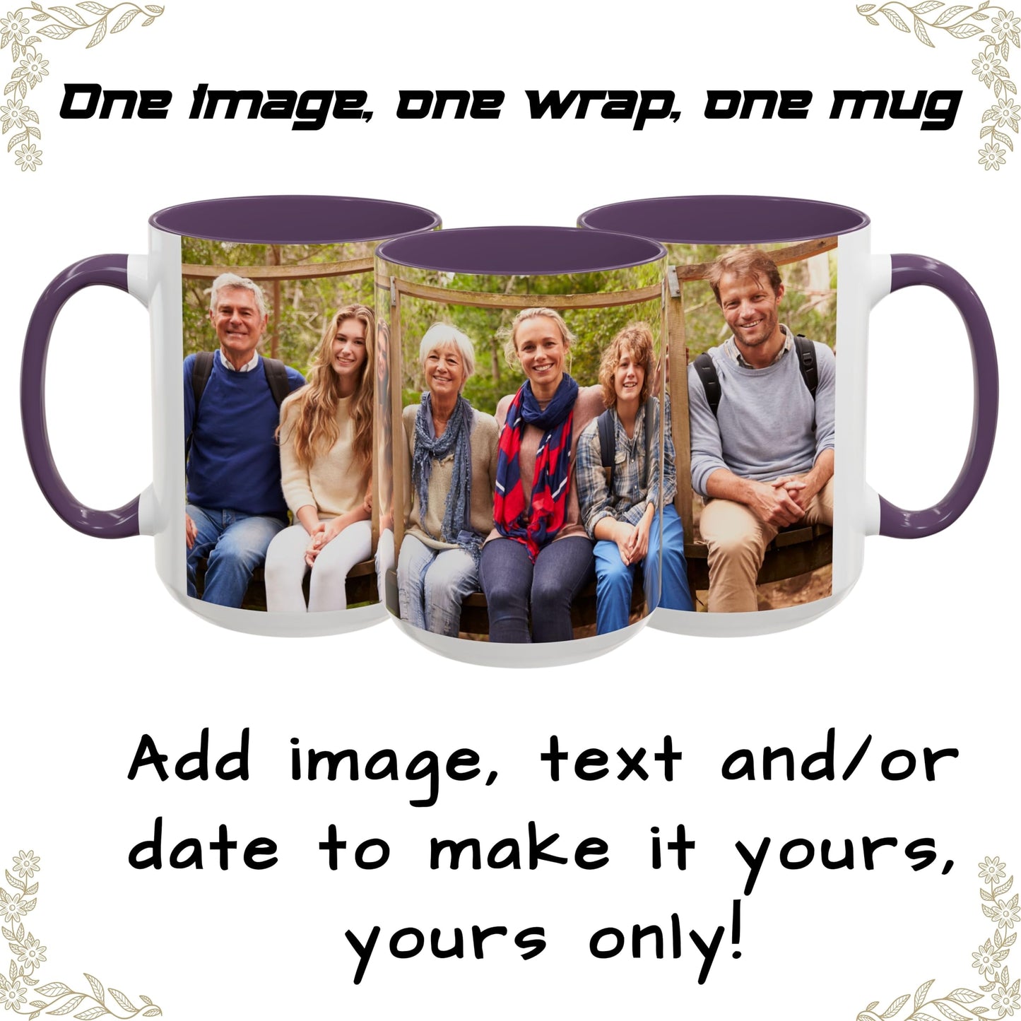 Custom Mug White/Purple 15oz, Personalized Gift with Photo, Text or Logo, Wrap Around Design