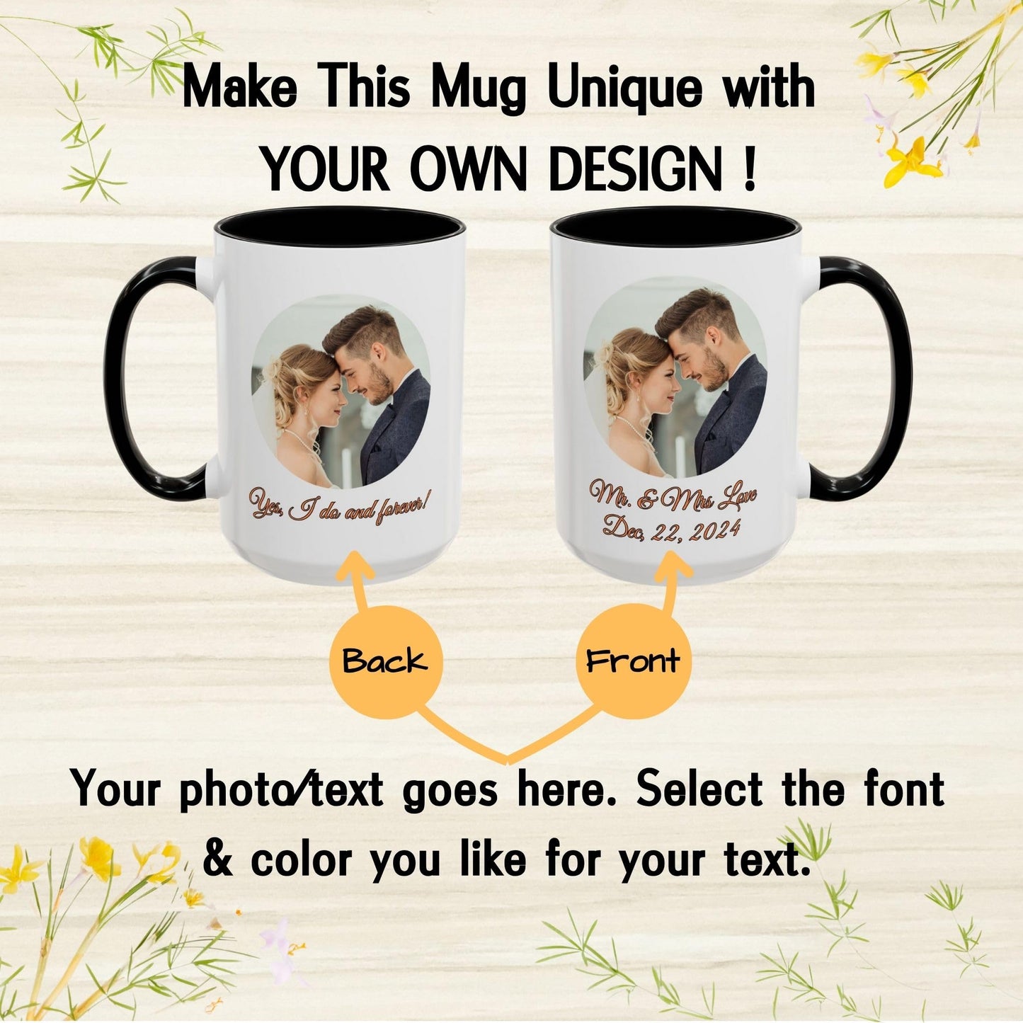 Custom Mug White/Black 15oz, Personalized Gift with Photo, Text or Logo, Cirle Design