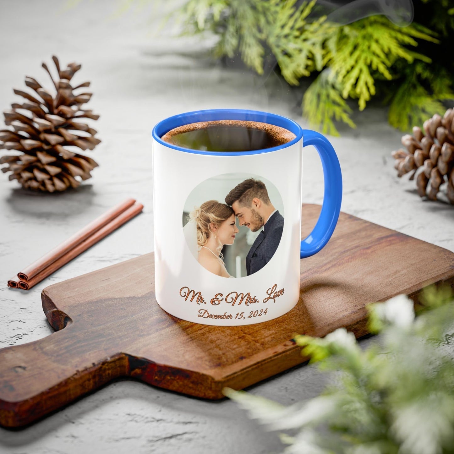 Mug personnalisé blanc/bleu Cambridge 325 ml, cadeau personnalisé avec photo, texte ou logo, motif circulaire