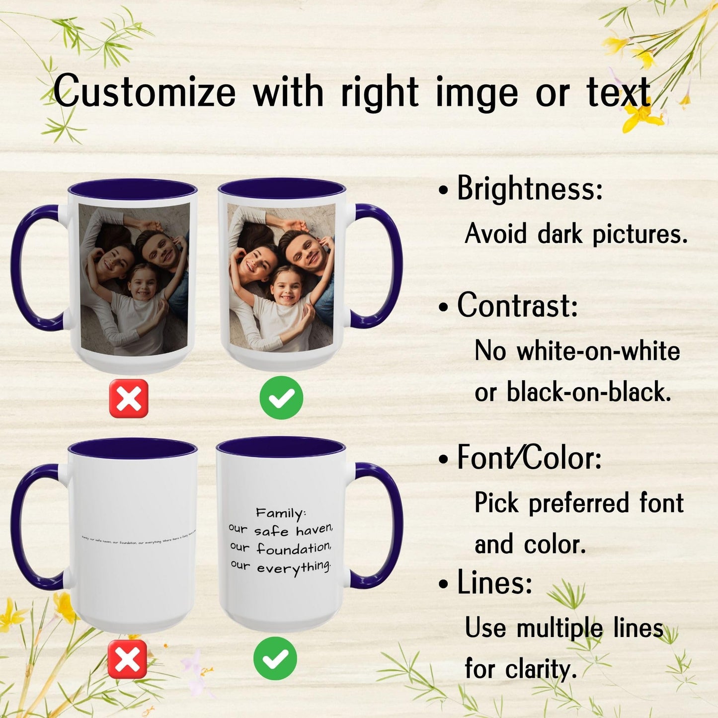 Mug personnalisé, Tasse à café en céramique 44 cl blanche/bleue motif carré, Cadeau personnalisé avec photo, texte ou logo