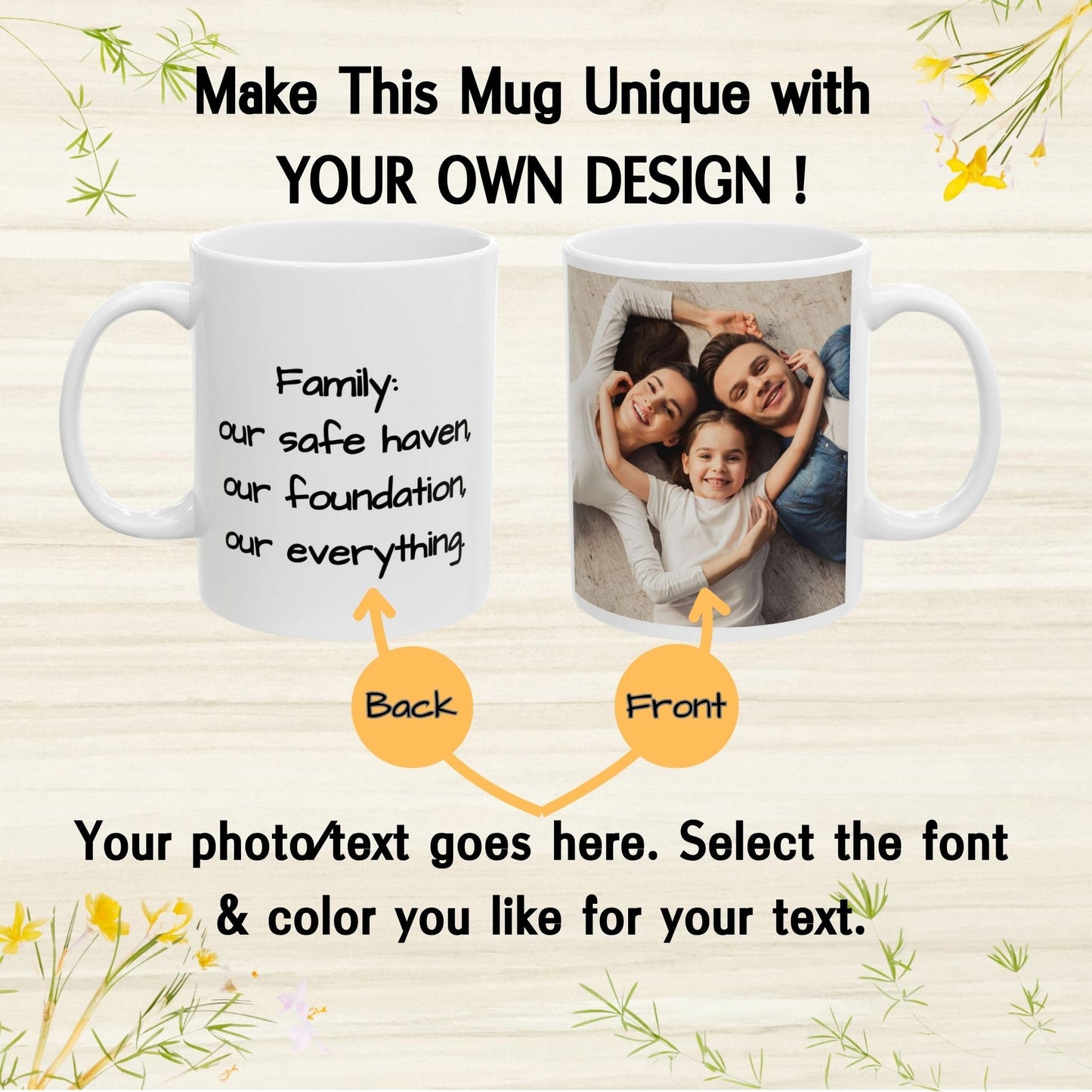 Custom Mug, 11oz All White Square Design Ceramic Coffee Mug, Personalized Gift with Photo, Text or Logo