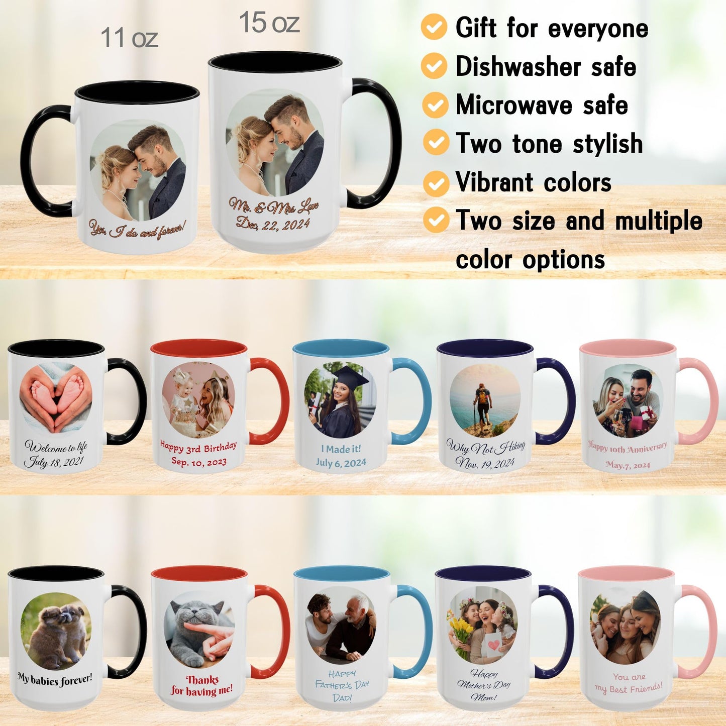 Custom Mug, 11oz White/Black Circle Design Ceramic Coffee Mug, Personalized Gift with Photo, Text or Logo