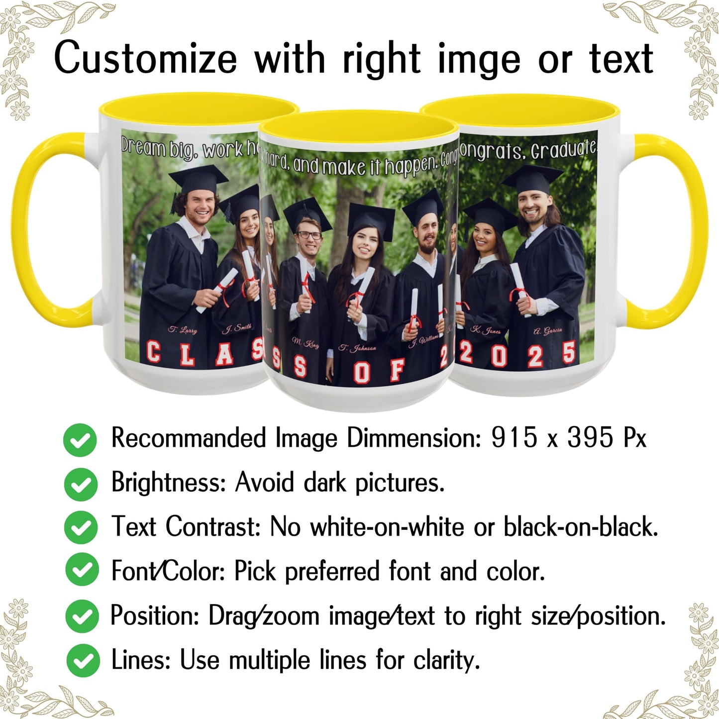 Custom Mug White/Yellow 15oz, Personalized Gift with Photo, Text or Logo, Wrap Around Design