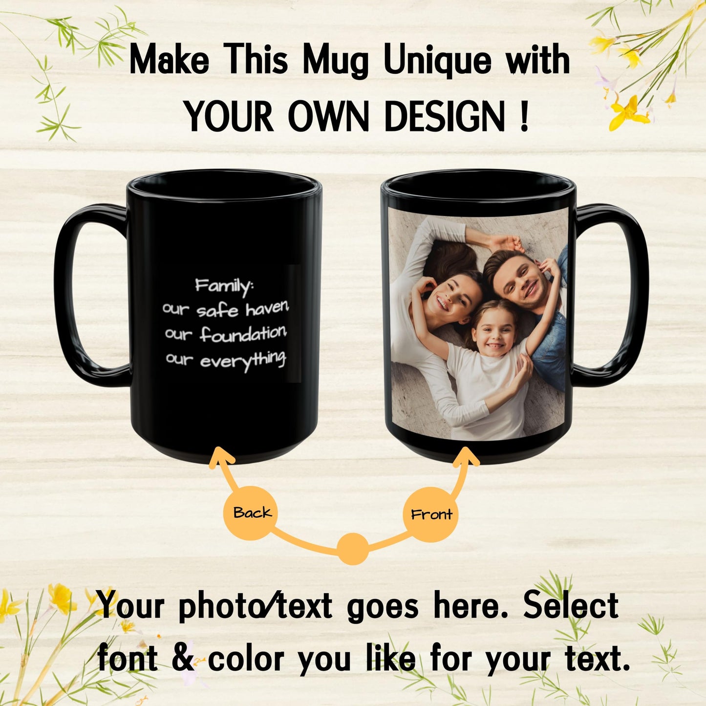 Mug personnalisé, 44 cl, en céramique noire, design carré, cadeau personnalisé avec photo, texte ou logo