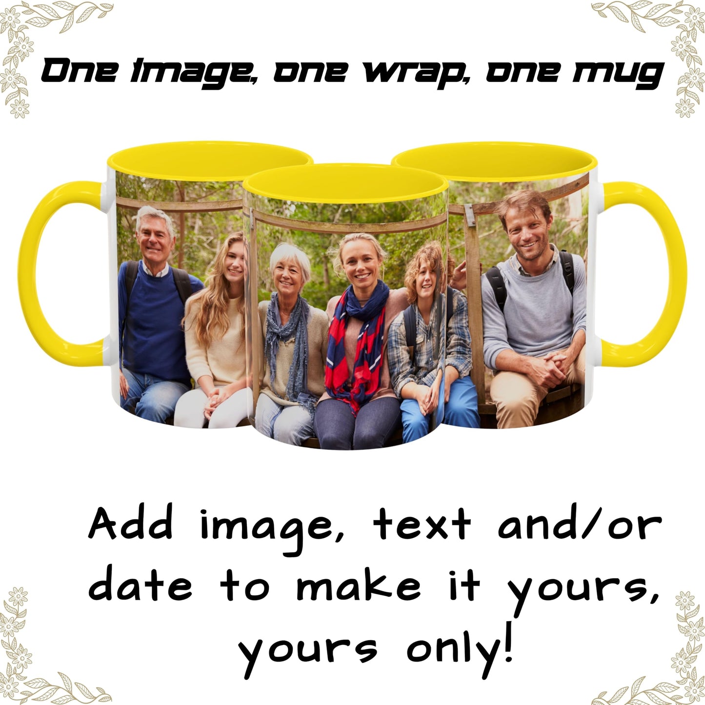 Custom Mug, 325ml White/Yellow Wrap Around Design Ceramic Coffee Mug, Personalized Gift with Photo, Text or Logo