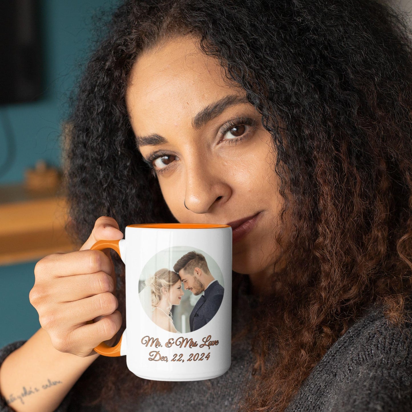 Custom Mug White/Orange 15oz, Personalized Gift with Photo, Text or Logo, Cirle Design