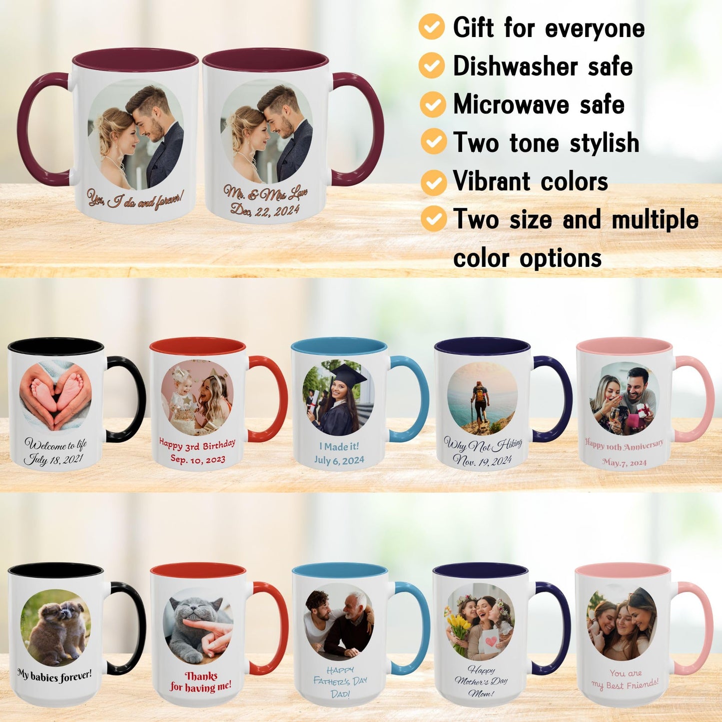 Custom Mug, 11oz White/Maroon Circle Design Ceramic Coffee Mug, Personalized Gift with Photo, Text or Logo