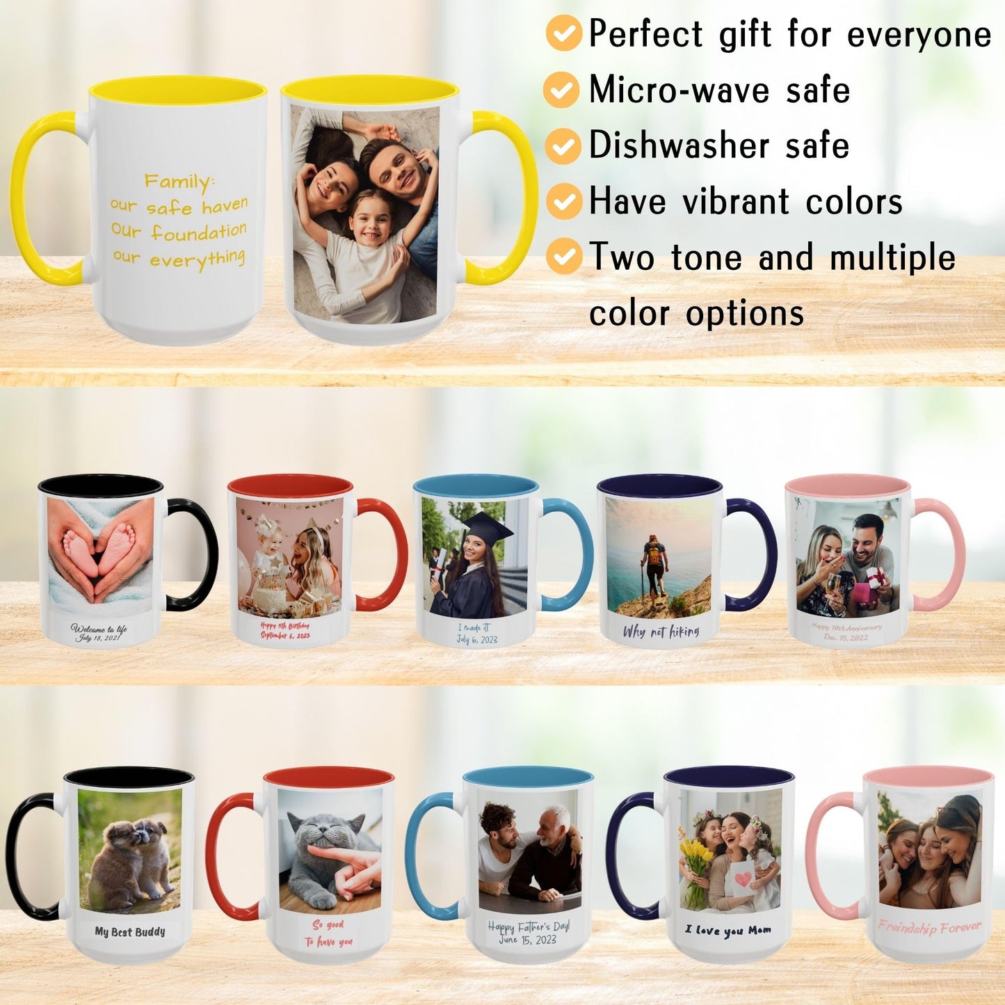 Custom Mug White/Yellow 15oz, Personalized Gift with Photo, Text or Logo, Square Design